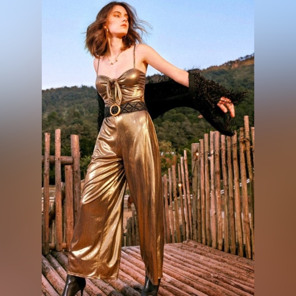 🇺🇸 Sale Retro 70’s Gold Bronze Palazzo Jumpsuit